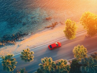 Aerial view of a red car driving along a coastal road lined with palm trees and turquoise water under a warm sunset light