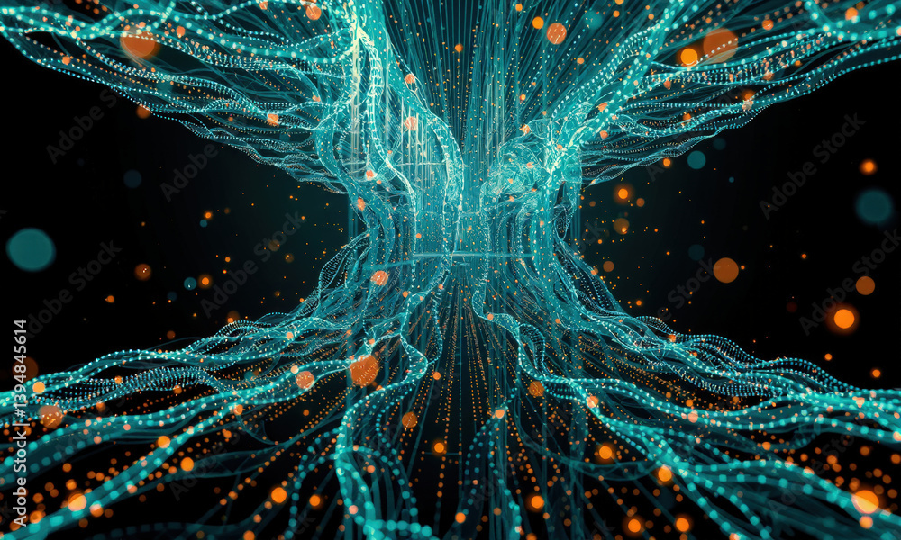 Poster mesmerizing digital landscape featuring glowing blue and orange particles intertwined web like struc