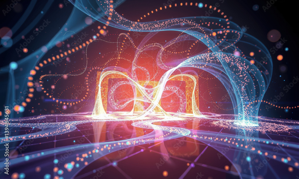 Poster vibrant abstract representation of flowing energy and light, showcasing colorful waves and particles