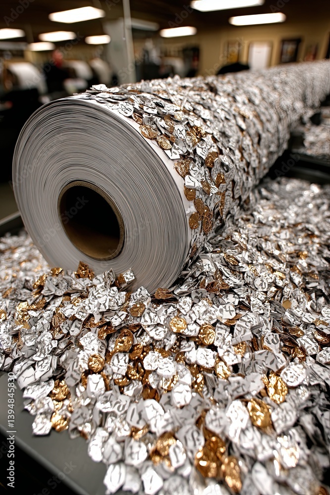 Poster close-up of a large roll of foil sheet with crumbled pieces displayed in an industrial space, emphas