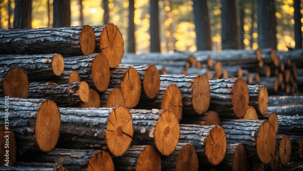 Poster stacked log trunks in the logging timber industry