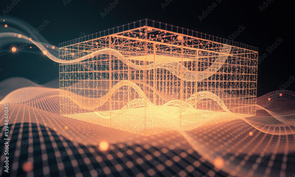 Fototapete digital representation of 3D grid structure with flowing waves, showcasing spatial visualization and abstract design elements. glowing lines create sense of movement and depth
