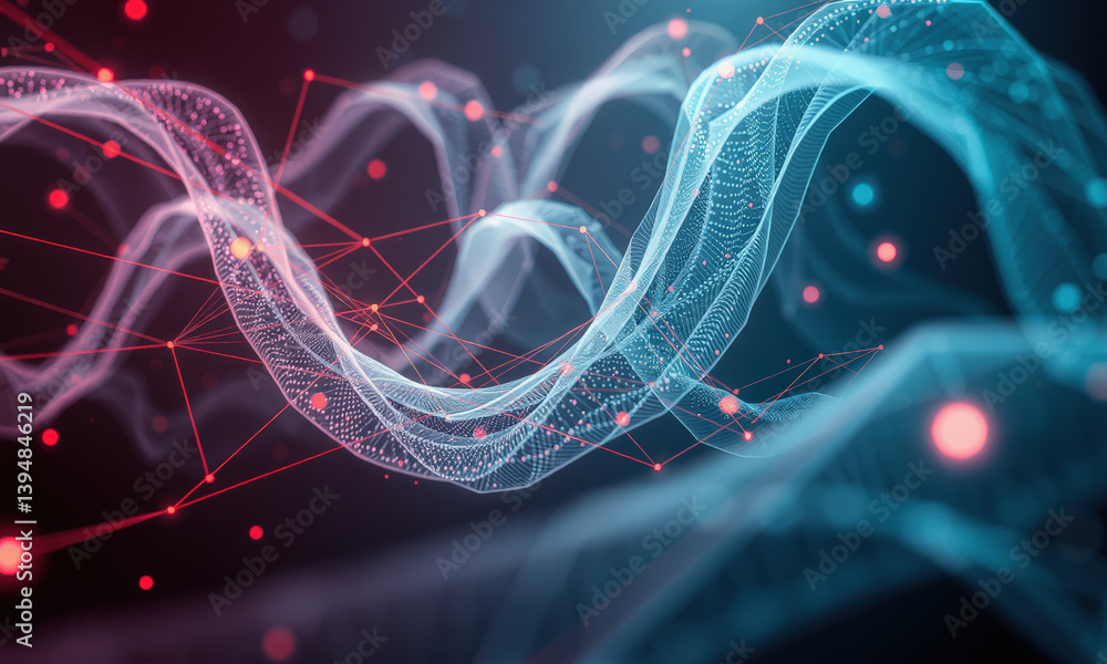 Poster vibrant digital wave composed of interconnected lines and nodes, showcasing blend of red and blue co