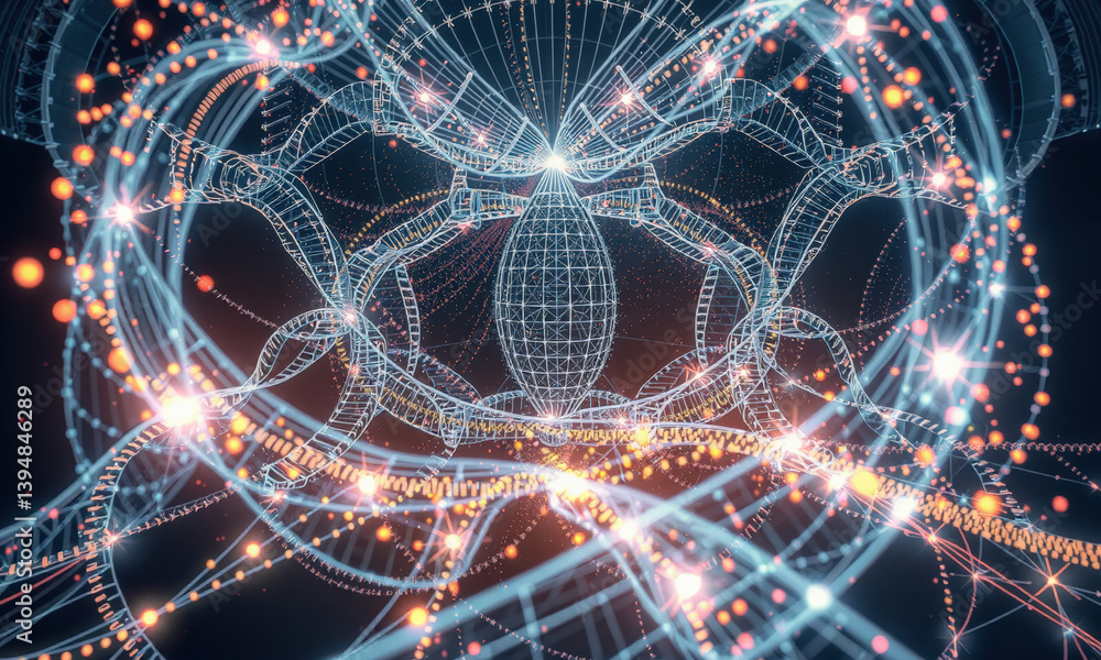 Fototapete mesmerizing digital visualization featuring intricate wireframe structures and glowing particles, creating sense of depth and movement in futuristic design