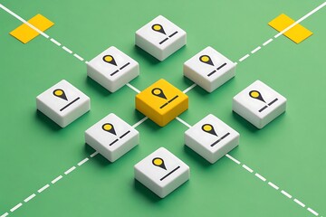 A standout yellow location pin connecting a network of white pins, signifying strategic leadership and unified navigation on a vibrant green field.