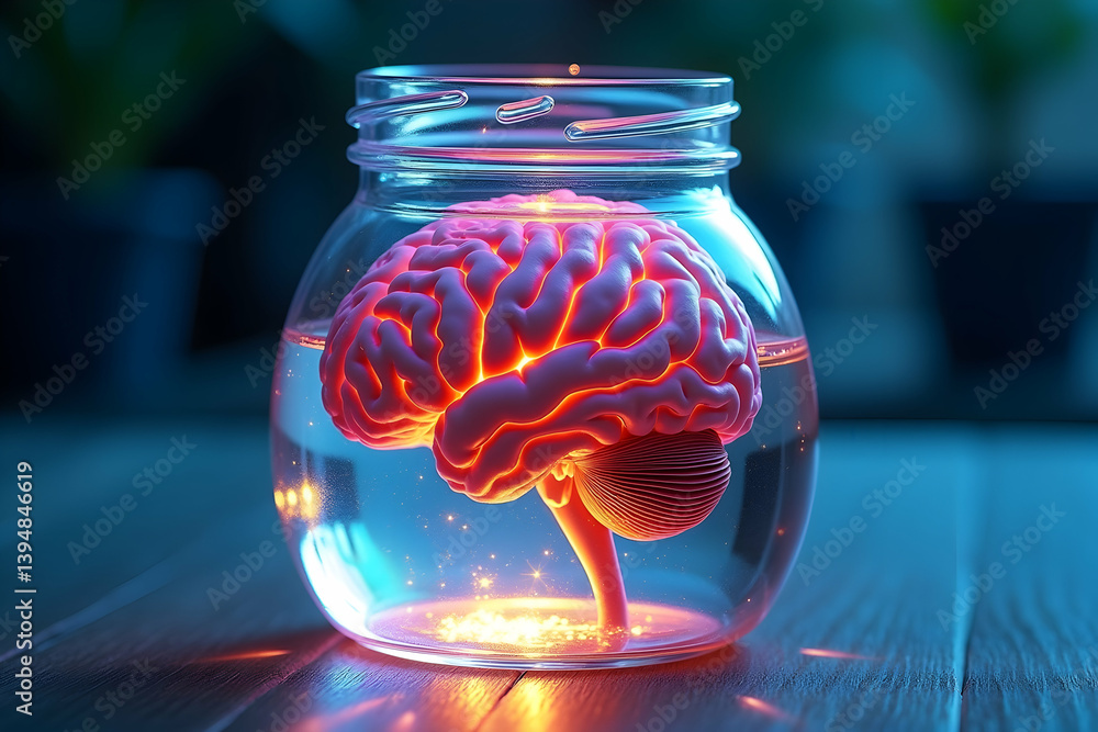 Poster a glowing brain in a jar, an eerie yet captivating visual depicting the mystery and complexity of th