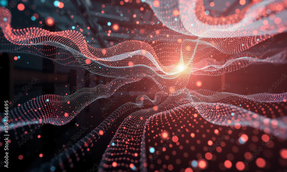 Poster mesmerizing abstract representation of digital waves, showcasing vibrant red and blue particles flow