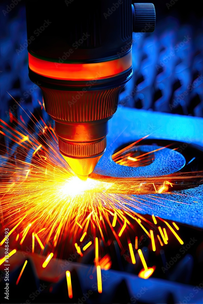 Poster high-precision laser cutting in industrial space with sparks and blurred background creating a dynam