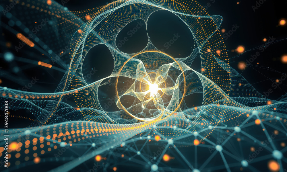 Poster mesmerizing digital abstract design featuring intricate lines and glowing particles, representing co