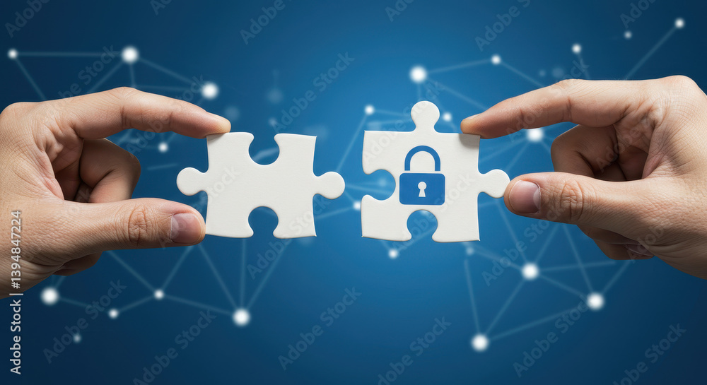 Poster cybersecurity puzzle: hands solving security with jigsaw pieces & lock icon on digital network backg
