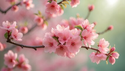 Obraz premium Peach tree branches are adorned with soft pink blossoms, placed against a subtle, blurred background. This creates a peaceful and scenic view.