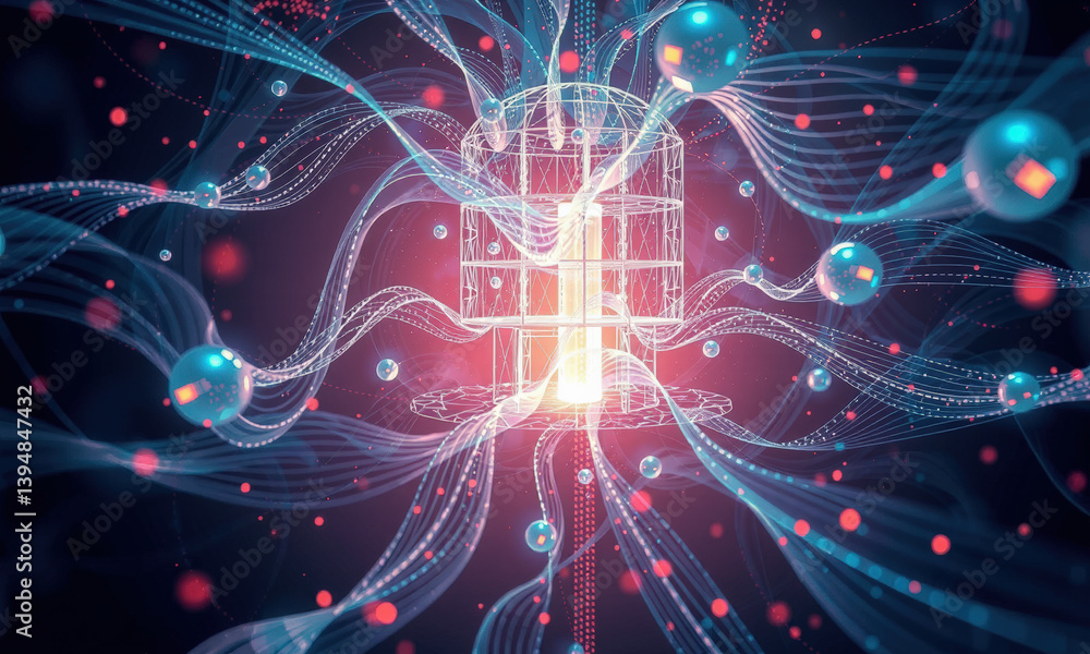 Poster vibrant digital illustration depicting abstract energy waves and particles surrounding central struc