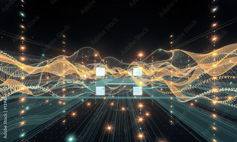 Poster mesmerizing digital landscape featuring flowing waves of light and data, creating sense of depth and