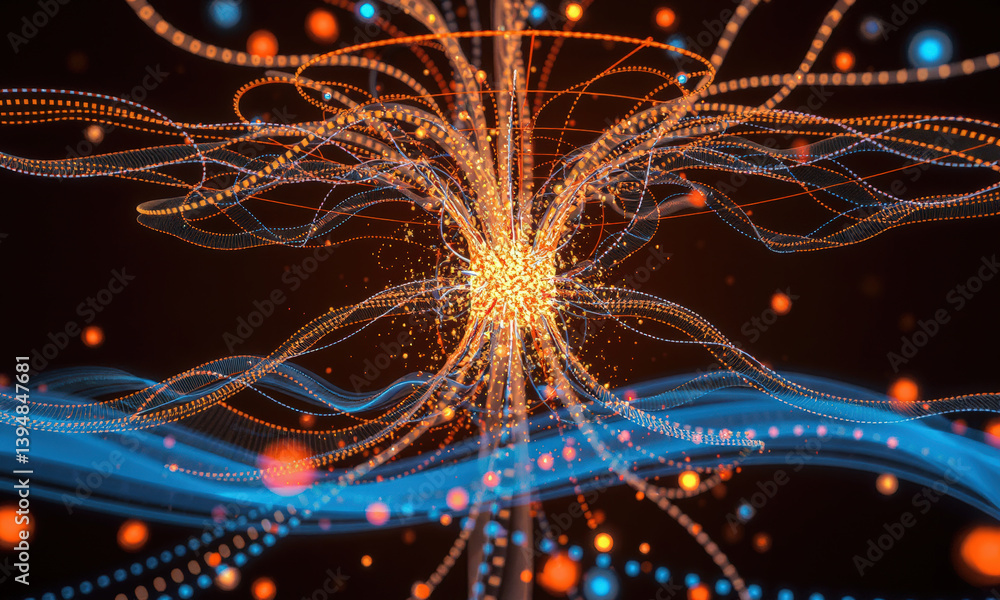 Poster vibrant abstract representation of energy flow, featuring swirling lines and glowing dots in orange 