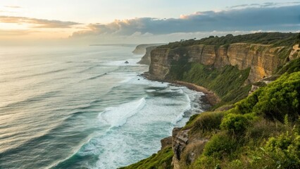 Breathtaking coastal cliffs meeting the ocean at sunset, showcasing natural beauty.