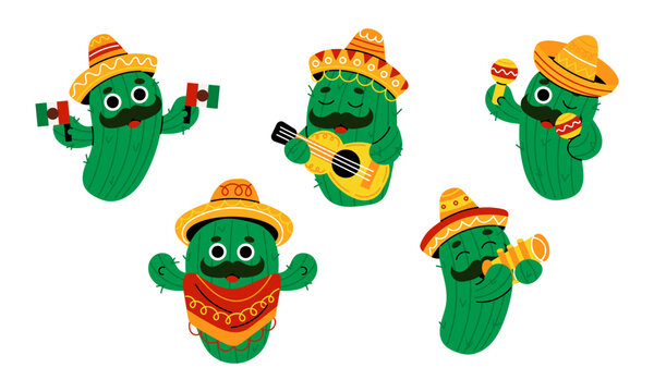 Set of cute cactus in sombrero with Mexican attributes flags, guitar, maracas, poncho and trumpet. Сartoon characters for Viva Mexico or cinco de mayo, traditional Latin holidays and fiesta design.
