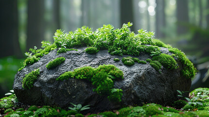Lush green moss covering dark grey rocks in a forest setting