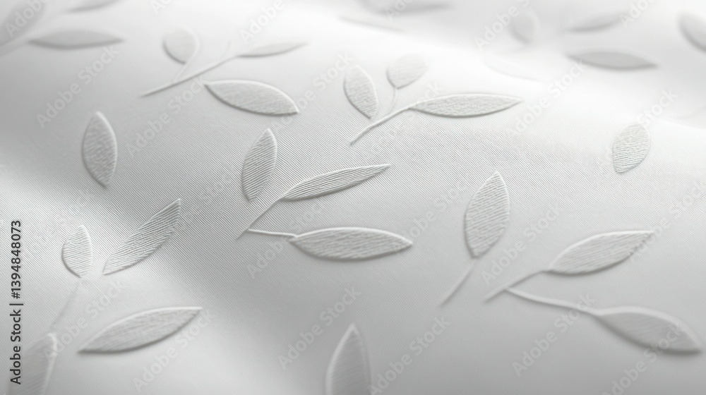 Poster white leaf pattern embossed in fabric, soft folds create texture and depth