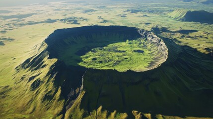 Aerial Vista of a Lush Green Volcanic Crater in Iceland's Highlands Breathtaking Landscape