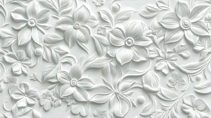 White floral pattern with embossed, intricately detailed flowers and leaves
