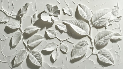 White floral relief sculpture with delicate leaves and flower details