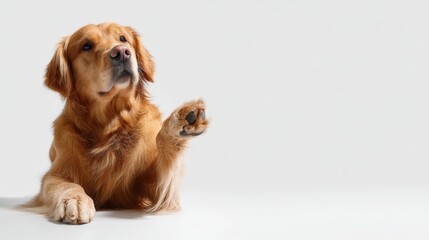 A regal Golden Retriever, with its gentle eyes and luxurious coat, extends its paw in a gesture of companionship. the dog's pose is a visual metaphor for trust, loyalty.