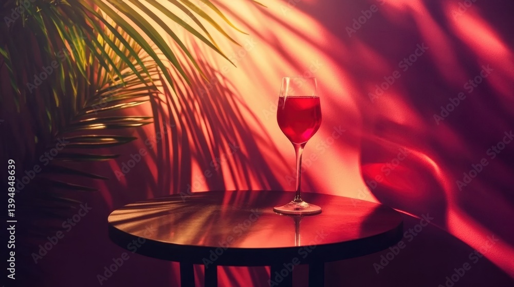 Aufkleber elegant glass of red wine on a round table with palm leaf shadows creating a tropical and relaxing m