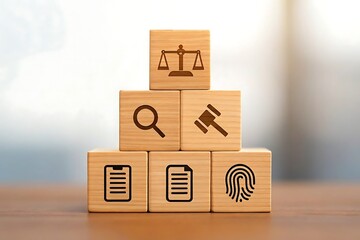 A foundation of justice built on investigation, law, and evidence, represented by wooden blocks with engraved symbols against a soft, blurred background.