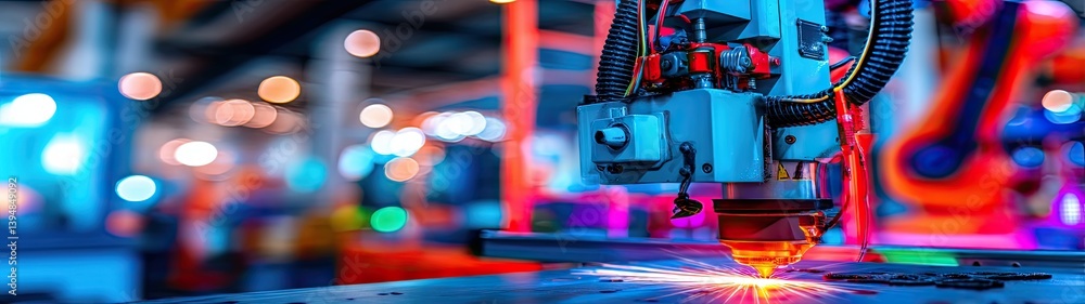 Poster high-tech laser cutting machine in action with blurred background and vibrant lighting in modern ind