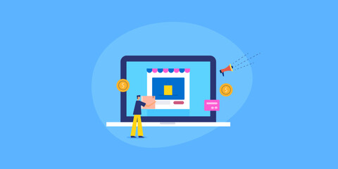 Purchase from ecommerce web store, person holding delivery package, online shopping and digital transaction, checkout concept.