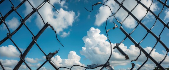 Opening within a metal fence beneath a blue sky adorned with white clouds. Challenge uncertainty breakthrough concept metaphor. Chain-link, wire netting, wire-mesh, cyclone hurricane screen.