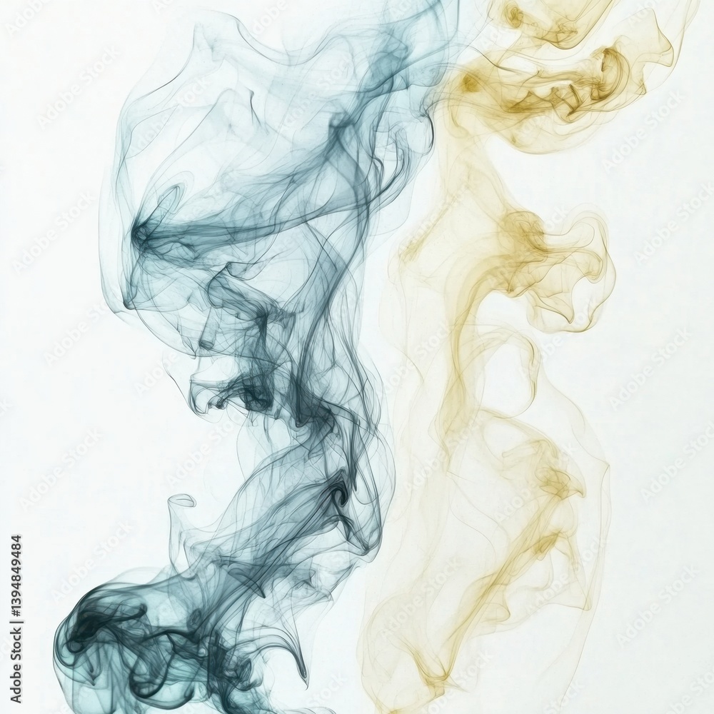 Poster ethereal dance of blue and gold smoke against a serene white backdrop creating a mesmerizing abstrac