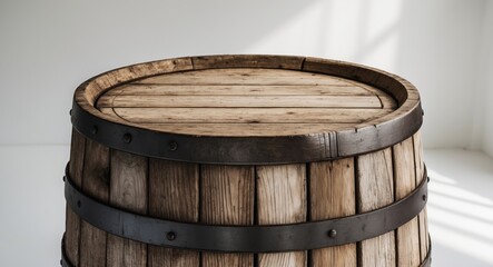 Fototapeta premium Old wooden vat placed on a white canvas