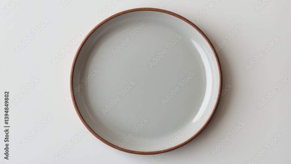 Poster top view of a handmade empty ceramic plate with copy space on a white background. minimalist design.