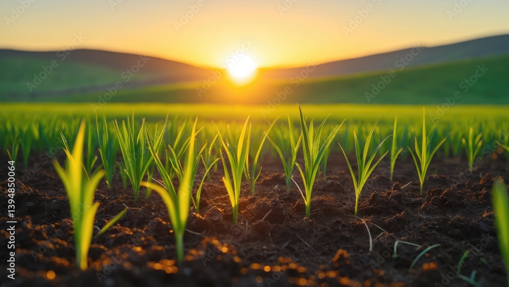Poster the soft dawn light transforms a lively green field into a golden spectacle, showcasing the budding 