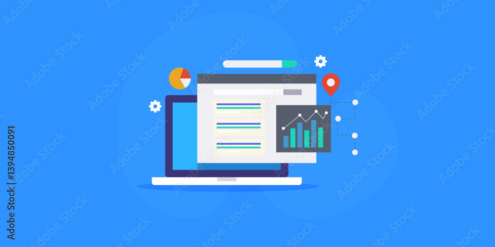 Poster search engine result page on laptop display website ranking and analytics graph data, local business