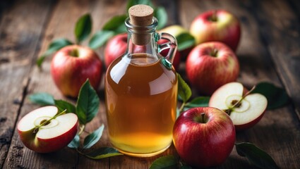 Fermented fresh ripe apples in a glass bottle of organic apple cider vinegar set against a wooden background. Highlighting healthy organic food, selective focus