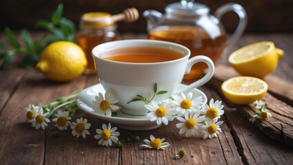Cup of herbal chamomile tea on a brown wooden table accompanied by honey, lemon, and a bouquet. Close-up. Space for text. Healthy herbal beverages, immunity tea. Concept of natural healing.