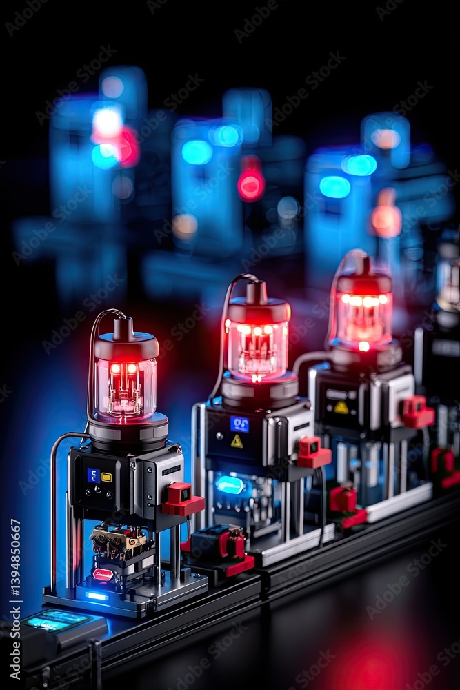 Poster futuristic industrial equipment with blurred background and neon lights creating a realistic and dyn