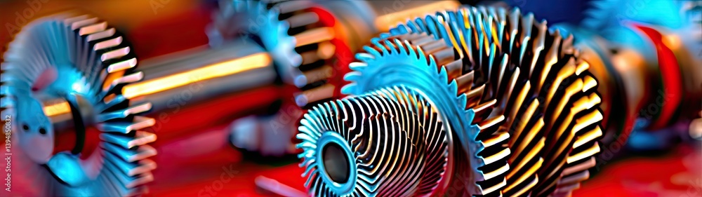 Poster detailed close-up of industrial gears and mechanical components in a blurred background for technolo