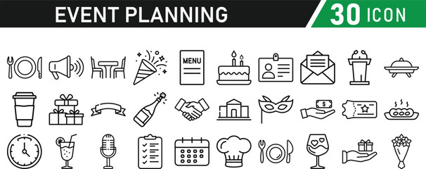 Events and Planning icon set. Includes balloon, confetti, party hat, gift, event ticket, decoration, and more. Editable stroke. Vector illustration