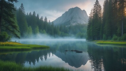 Naklejka premium Stunning misty morning landscape of nature. Forest lake view with rocky peak backdrop. Breathtaking wilderness at sunrise. Incredible natural summer vista.