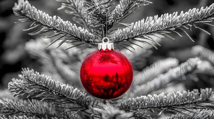 Red Christmas Ornament on Snowy Tree Branch