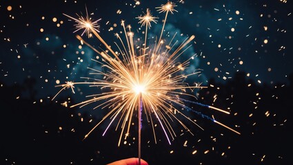 Sparkler firework explosion against a black bokeh backdrop at night, celebratory event party, dark vintage style