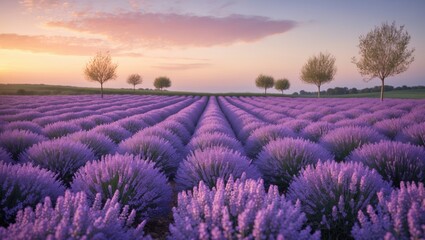 Obraz premium Fields of blooming lavender flowers in endless rows.