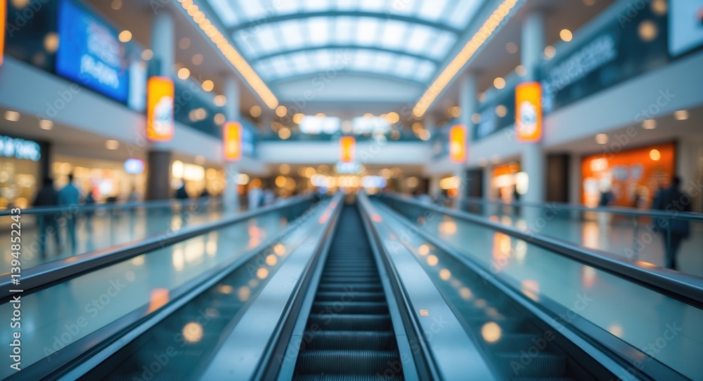 Poster a hazy perspective of a shopping mall featuring an escalator in the front, surrounded by bokeh light