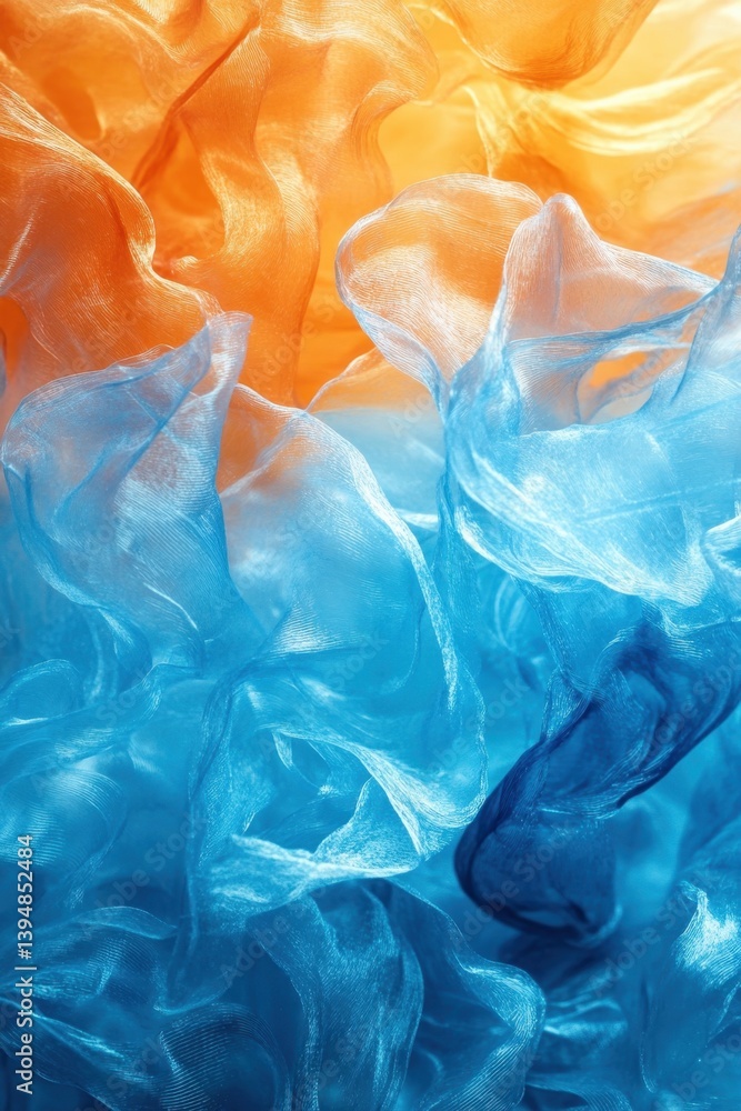 Poster abstract ethereal flowing fabric in vibrant orange and blue hues creating a dreamy and artistic comp