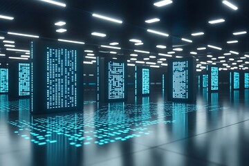 Digital server room showcases a futuristic arrangement of computer hardware systems