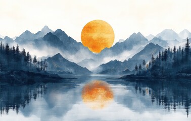 Serene Watercolor Landscape with Blue Mountains, Birds, Golden Sun, and Lake Reflection