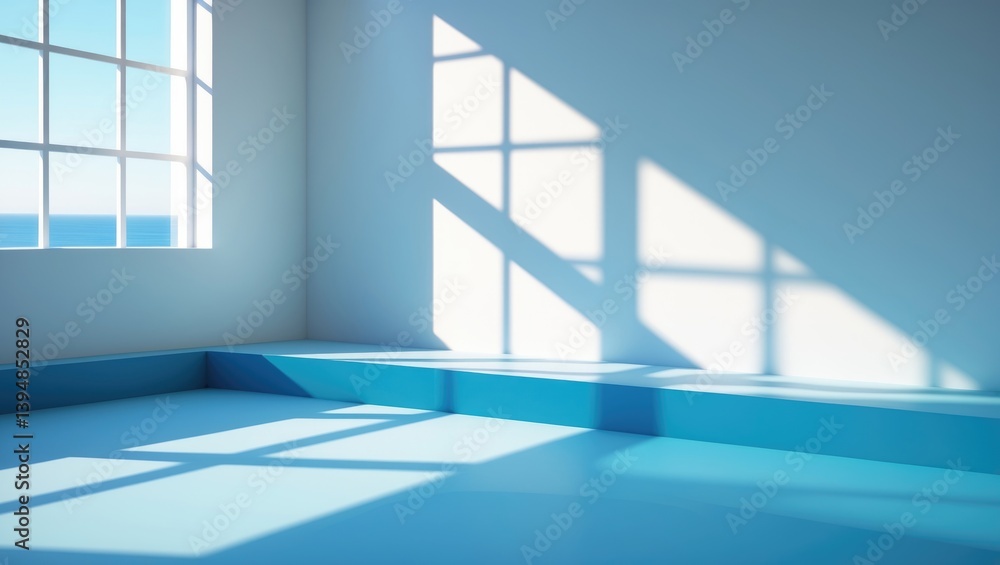 Poster presentation of a studio-style wall decoration featuring white and blue tones, with window shadows a